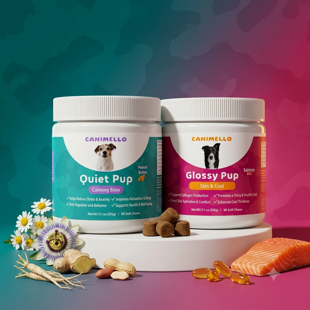 Two white Canimello pet supplement jars, Quiet Pup (Peanut Butter) and Glossy Pup (Salmon), displayed on a white pedestal with dog treats, salmon, and herbal ingredients against a teal-to-pink gradient background.