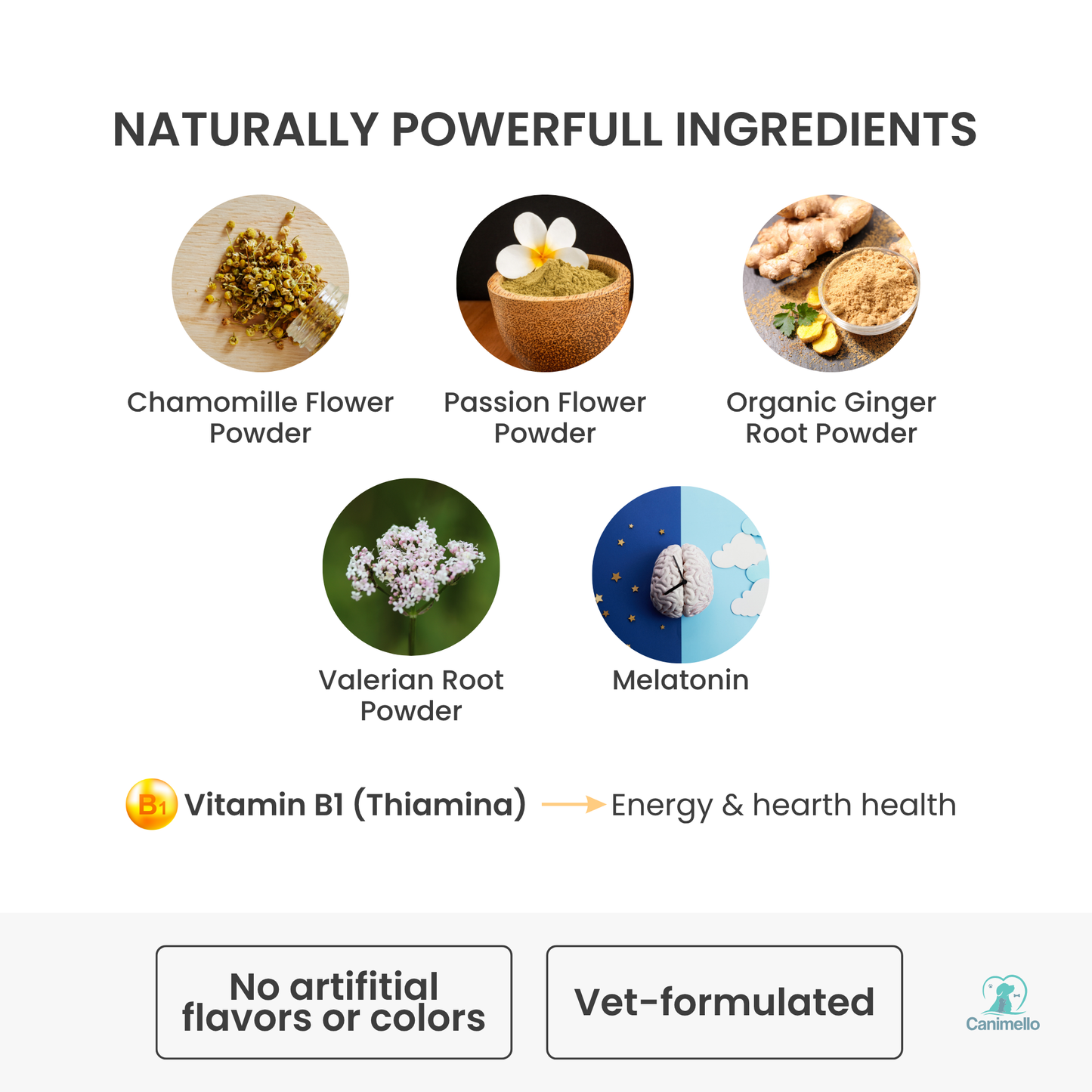 List of naturally powerful ingredients of Quiet pup calming bites for dogs. Dog anxiety relief. Canimello