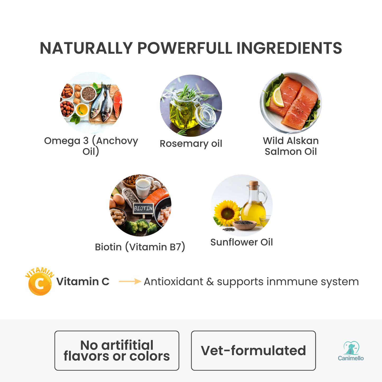 List of natural powerful ingredients of skin and coat supplements for dogs. Omega-3 for dogs. Vitamin C. No artificial flavors 
