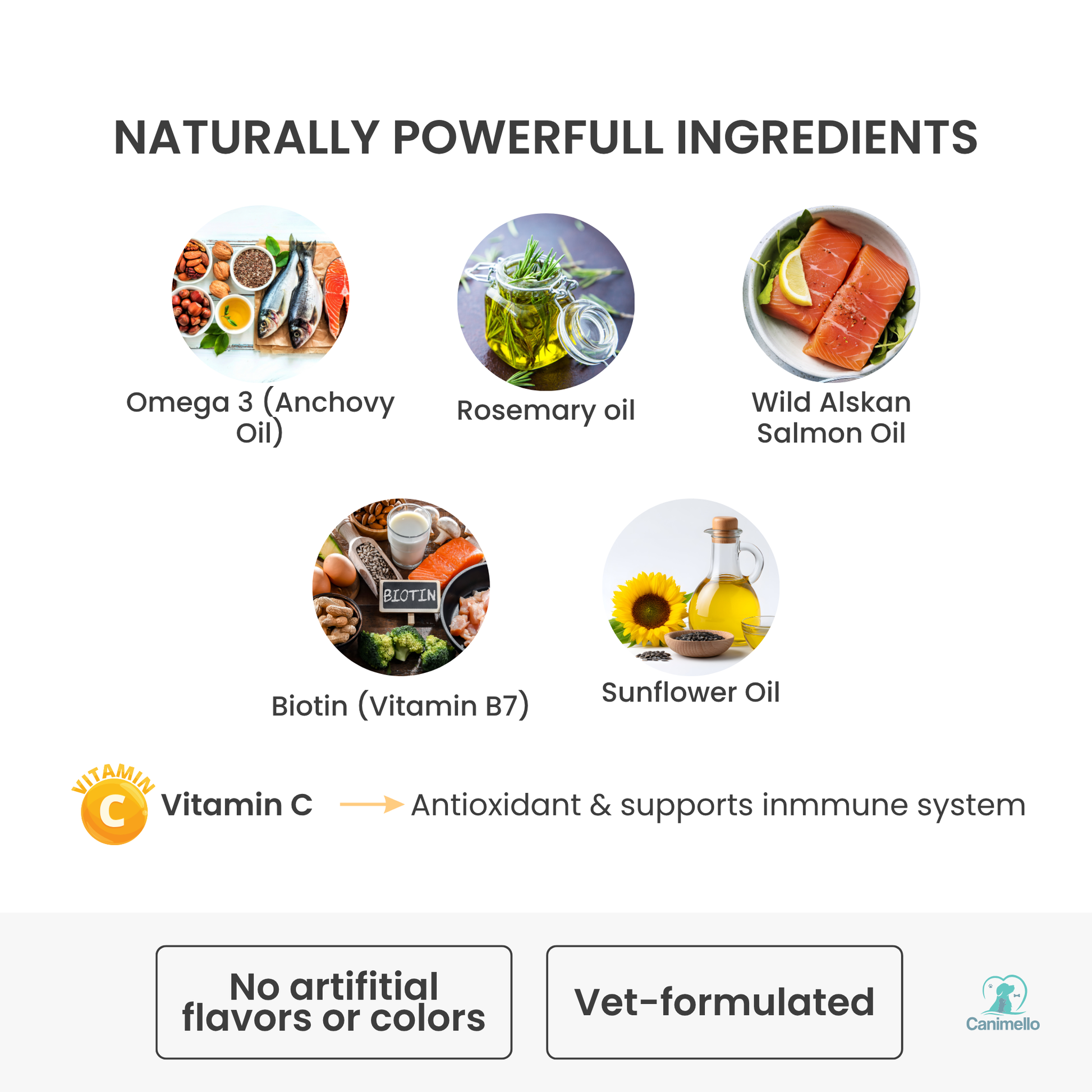 List of natural powerful ingredients of skin and coat supplements for dogs. Omega-3 for dogs. Vitamin C. No artificial flavors 
