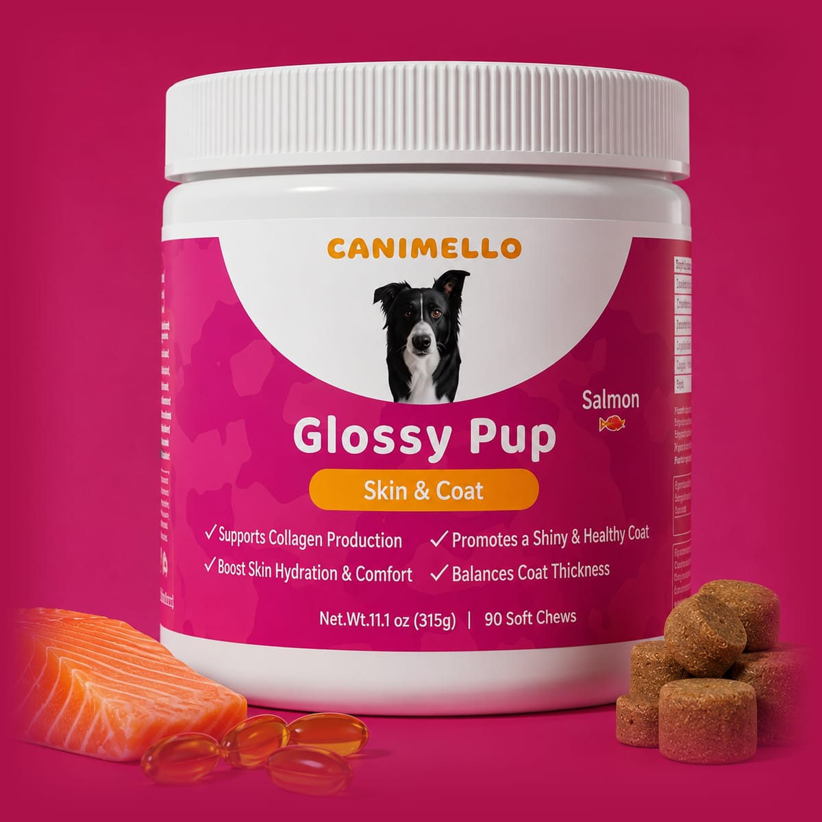 Glossy Pup Skin and Coat soft chews with salmon, omega-3 softgels and chews