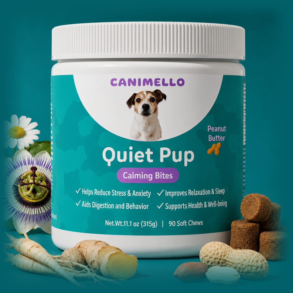 Quiet Pup Calming Bites jar with chamomile, passion flower, valerian root, ginger and peanuts