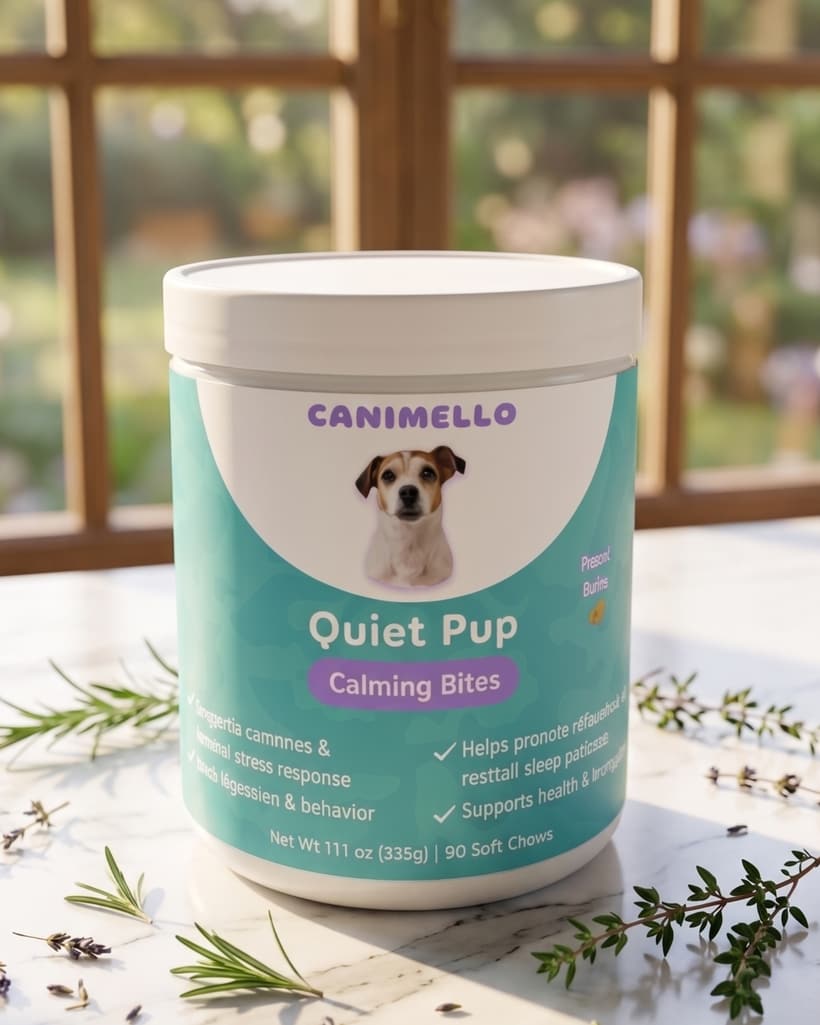 Quiet Pup jar on a kitchen counter with fresh chamomile
